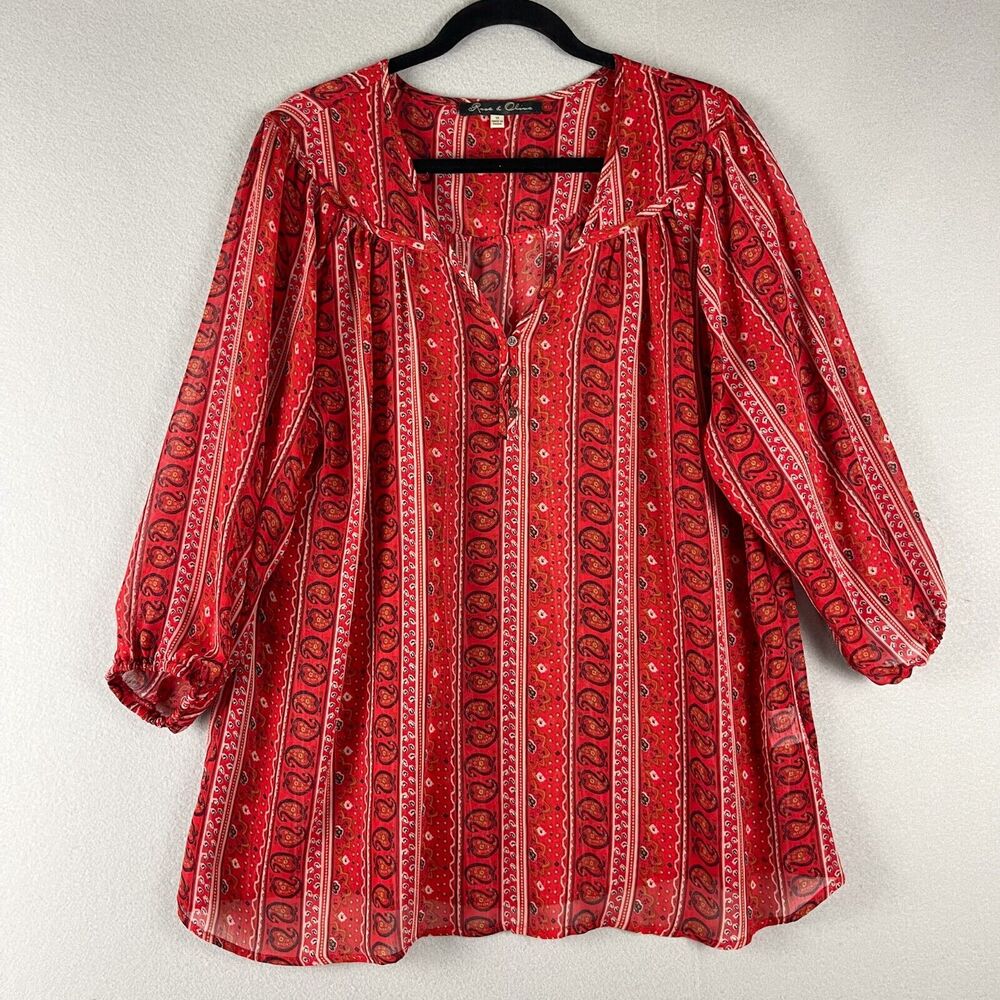 Rose Olive Tunic Top Woman Plus 1X Red Floral Boho Peasant Artsy Sheer